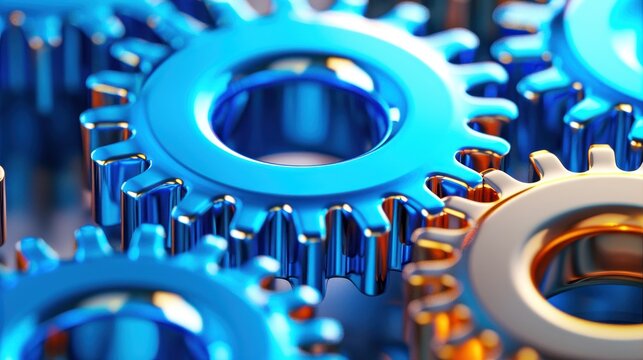 Close-up image of blue and golden interconnected gears, symbolizing teamwork, precision, and machination in industrial and mechanical contexts.