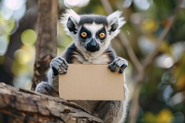 Fototapeta premium A sad-looking lemur clutching a blank cardboard sign, sitting on a tree branch in Africa.