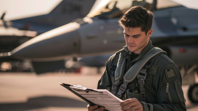 Pilot reviewing flight documents near fighter jet. A military pilot attentively reads documents in front of a fighter jet on the tarmac.