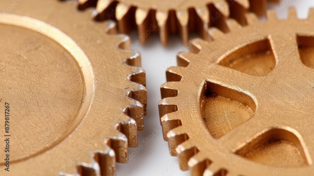 Poster close-up of three bronze gears interlocking, showcasing intricate details and mechanical precision i