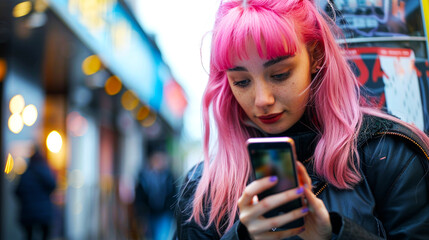 hipster woman with pink hair busy walking using cellphone, freelance job can work from anywhere