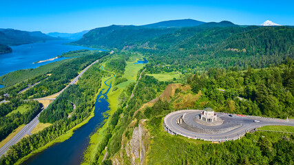 Aerial View of Vista House and Mount Hood Over Columbia River Gorge