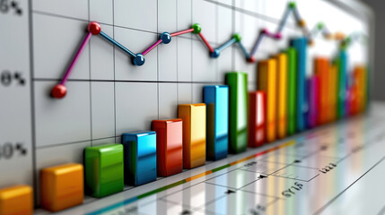 Colorful bar and line graph on a digital screen displaying statistical data and business analytics with a blurred background.