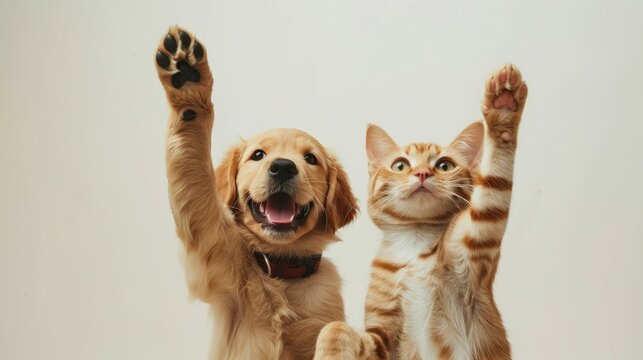 Happy dog and cat raising paws. Adorable golden retriever and tabby cat raise their paws in playful greeting.
