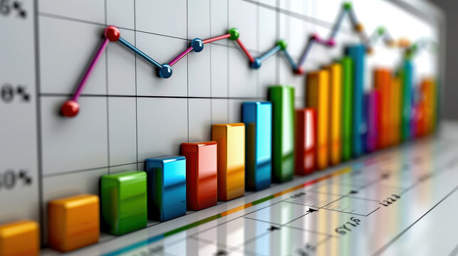 Colorful bar and line graph on a digital screen displaying statistical data and business analytics with a blurred background.
