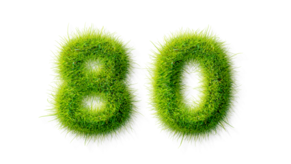 Alphabet letter grass effects, A Number 80 with grass on a transparency background, eco text effect, isolated letter with grass effect high quality