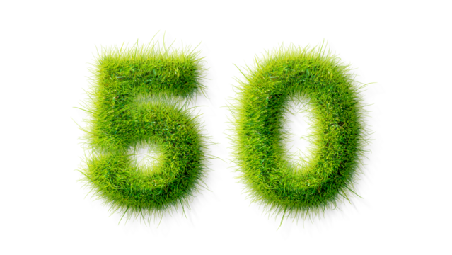 Alphabet letter grass effects, A Number 50 with grass on a transparency background, eco text effect, isolated letter with grass effect high quality