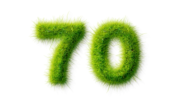 Alphabet letter grass effects, A Number 70 with grass on a transparency background, eco text effect, isolated letter with grass effect high quality