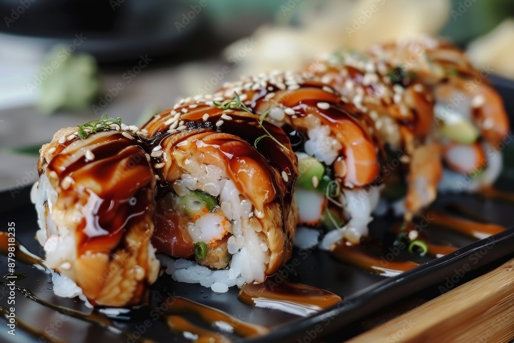 Poster Dragon Rolls a popular sushi appetizer prepared perfectly at home with dark soy sauce