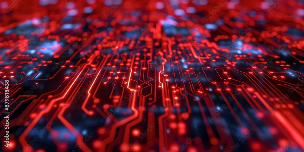 Poster cutting-edge technology hub featuring red circuits and blue tech patterns. concept technology, innov