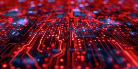 Cutting-edge Technology Hub Featuring Red Circuits and Blue Tech Patterns. Concept Technology, Innovation, Circuits, Patterns, Hub