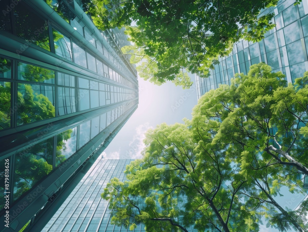Poster a view of a tall building's foundation and lower levels from a street-level perspective, suitable fo