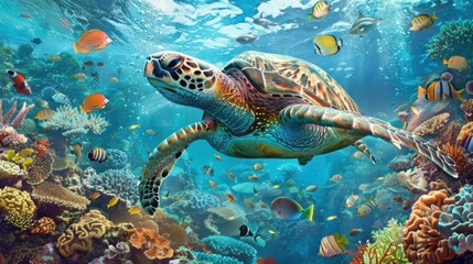 Obraz premium A turtle swimming in a coral reef with many fish. Generate AI image