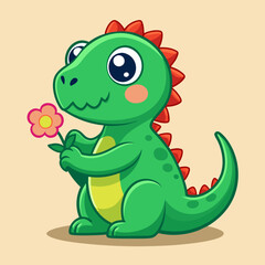 Cute  green dinosaur  He holds it in his paws flower