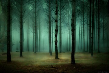 Fototapeta premium Misty forest with tall, slender trees creating a serene and mysterious atmosphere.