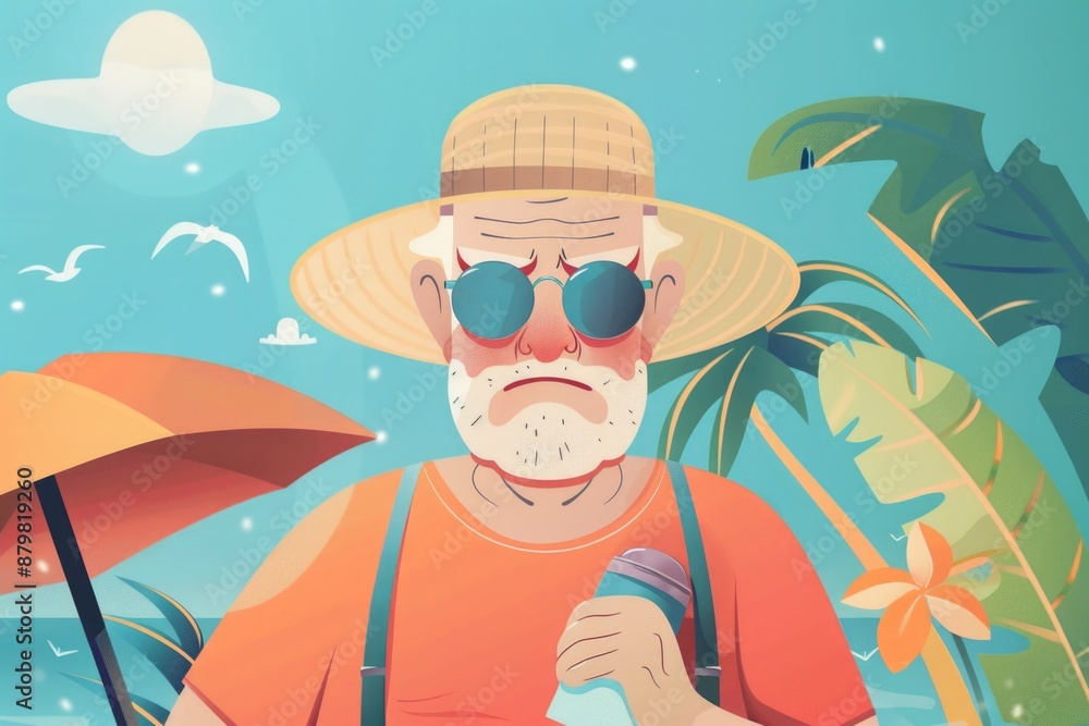 Wall mural a person holding an umbrella on a rainy day, dressed in casual attire with a straw hat and sunglasse