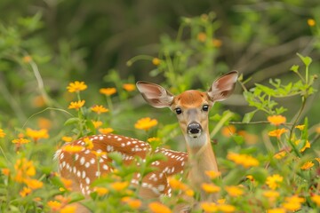 Fototapeta premium A young deer with white spots stands amidst vibrant yellow flowers in a lush green meadow.
