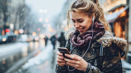 A woman examines her smartphone while walking down the street, possibly dealing with an important message or notification