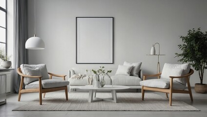 Blank frame mockup on white wall. White living room design. View of modern scandinavian style interior with chair. Home staging and minimalism concept 
