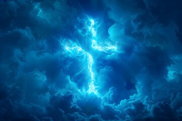 Fototapeta premium Glowing cross illuminates stormy clouds, symbolizing hope and spirituality amid turmoil.
