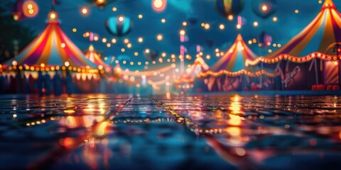 A colorful carnival tent illuminated at nighttime with vibrant lights and festive atmosphere