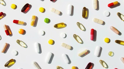 Various pills and capsules on a clean surface