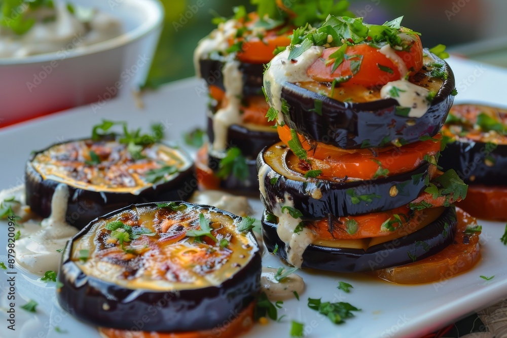 Canvas Prints eggplant stacks with tahini sauce