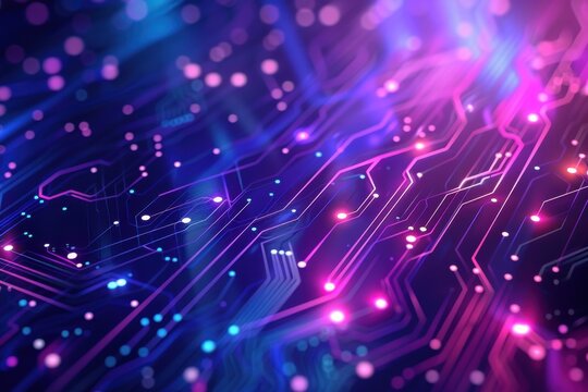 Digital technology in the future: blue purple circuit background, cyber tech advancements, progressive communication trends