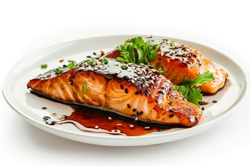 Eye level view of salmon fillet with teriyaki sauce on white plate isolated on white background