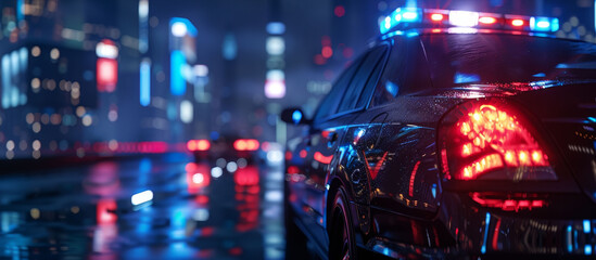 A police car with flashing lights on a rainy night, highlighting law enforcement, emergency, and public safety.