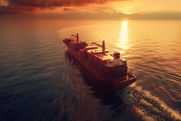 Cargo ship navigating calm ocean waters at sunset, vibrant skies reflecting on sea surface