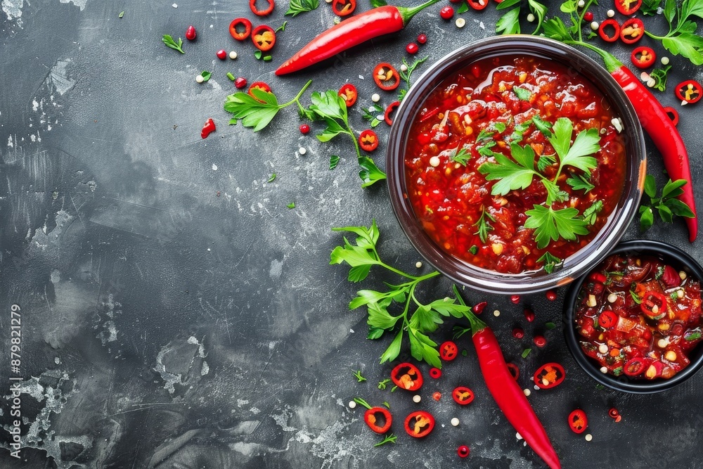 Sticker flat lay of hot chili sauce parsley and red peppers on grey background with space for text