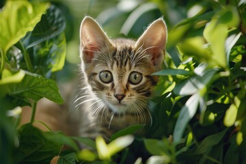 A kitten is peeking out from behind some leaves