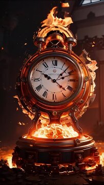 fire on old clock, ticking of wasting time