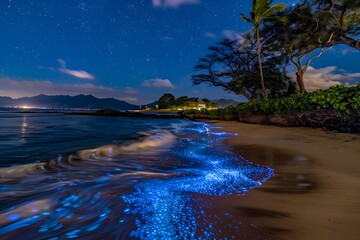 Bioluminescent waves illuminate a serene beach under a starry night sky, creating a magical scene.