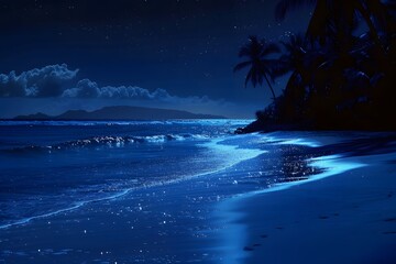A serene moonlit beach with gentle waves and shimmering water under a starlit sky.