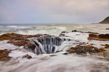 Dynamic Sea Waterfall at Thor's Well Oregon Eye-Level Perspective