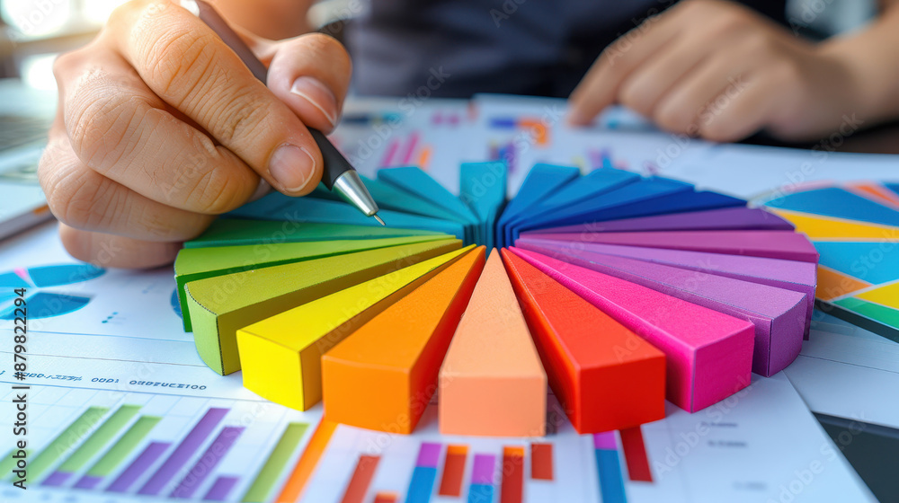 Poster hand pointing at a colorful pie chart on a desk with various analytic reports. represents data analy