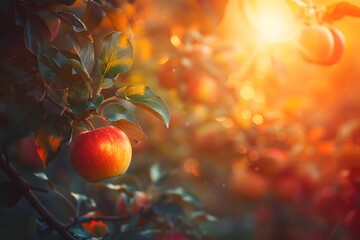 Ripe apples hanging from tree branches in a sunlit orchard at golden hour.