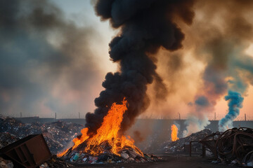 Smoke From Garbage Burning in Landfill Causing Air Pollution