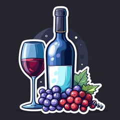 Obraz premium simple flat, minimalistic illustration of a wine and vineyard logo sticker, with wine glass, grapes, wine bottle, vineyard, corkscrew