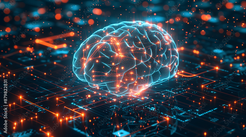 Poster 3d rendering of the human brain on a circuit board, with glowing light effects concept of ai technol