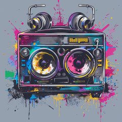 Fototapeta premium Boombox Vibes Retro boombox with vibrant graffiti-style elements, Professional tshirt design vector,generative ai