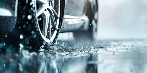 Luxury sports car being washed with fresh water droplets in panoramic view. Concept Luxury Car Photography, Water Droplets, Panoramic View, Automotive Detailing