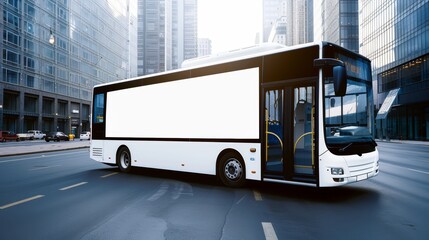 City bus with blank advertising space in urban setting, realistic, a high-resolution photo, focus cover all object