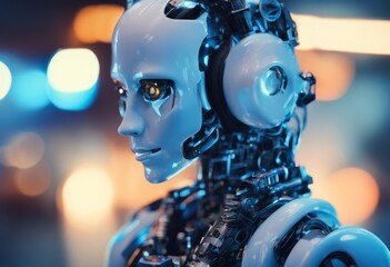 Fototapeta premium adphones humanoid generation a robot ai listens blue banner music background place text android cyborg electronic contraption headset cyberspace listen online computer portable
