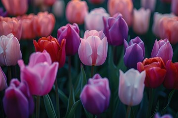 A field of flowers with a mix of pink and purple colors