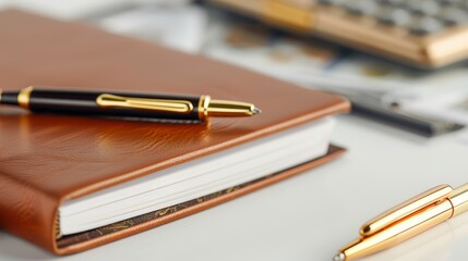 Close-up shot of luxurious leather-bound bookkeeping journals, gold pens, and high-end banking accessories in a well-lit office, focus cover all object