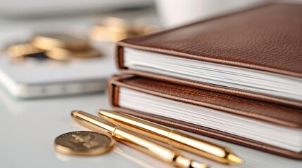 Close-up shot of luxurious leather-bound bookkeeping journals, gold pens, and high-end banking accessories in a well-lit office, focus cover all object