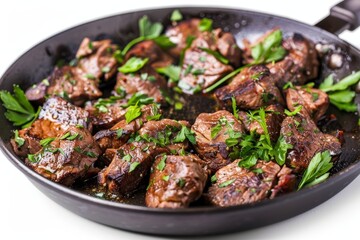 Fried liver and herbs in pan on white background